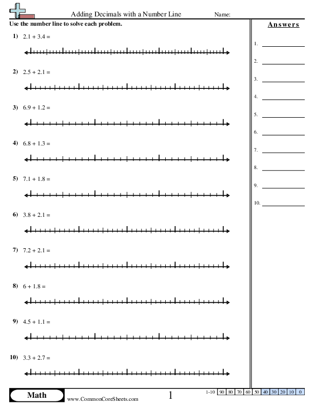 Adding Decimals with a Number Line worksheet
